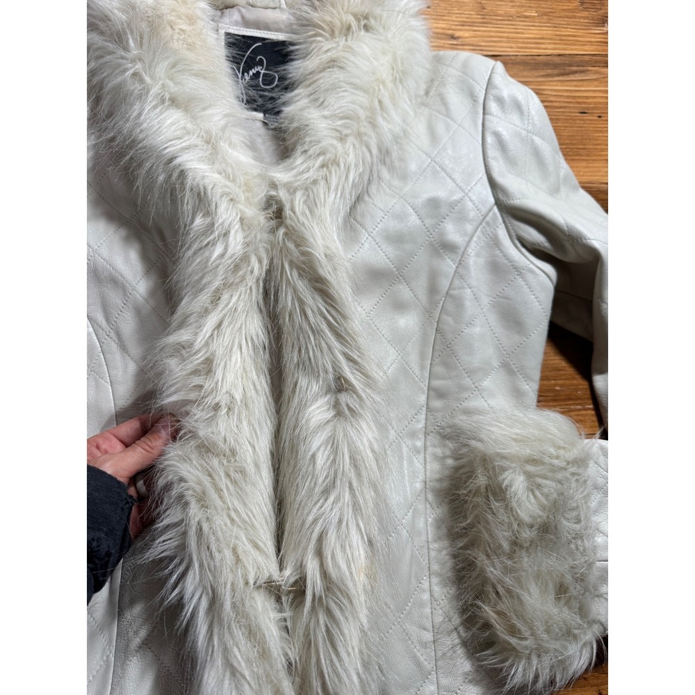 Y2K Venus Williams x Wilsons Leather Ivory Quilted Faux Fur Trim Jacket Medium - Picture 8 of 12